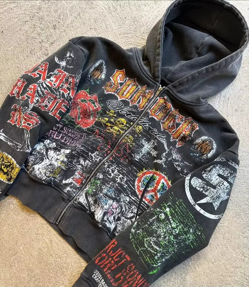 Graffiti Zip Hoodie Black